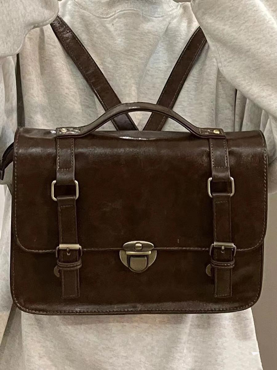 

Student schoolbag backpack autumn and winter retro buckle mailman bag college style class bag fashion commuter briefcase messenger коричневый