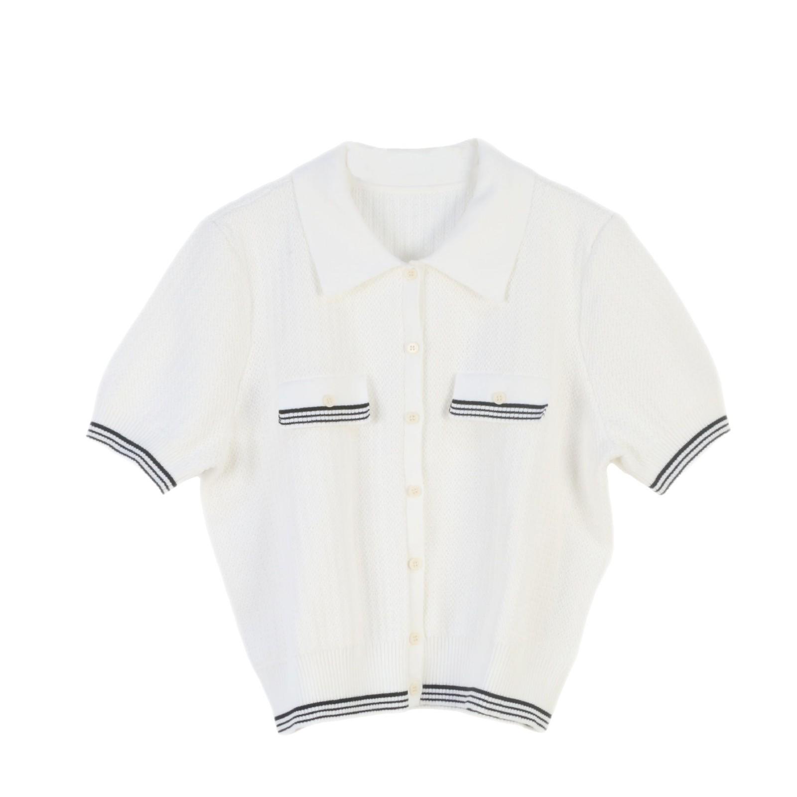 

Женский кардиган с коротким рукавом, вязаный, в полоску, с колор-блоком и французским воротником поло - Универсальная мода для весны/лета. Small