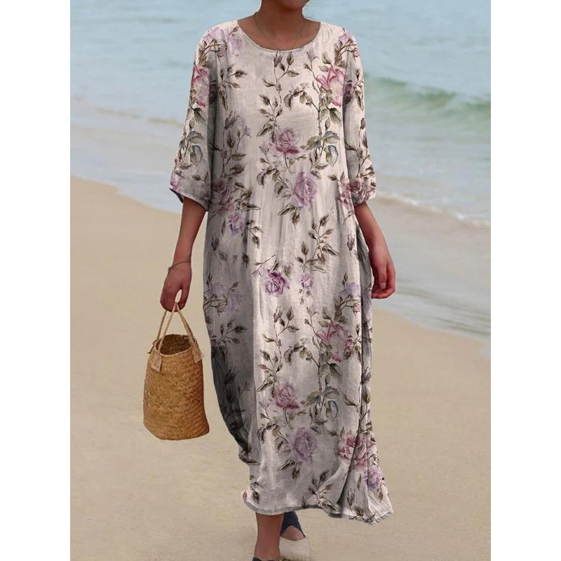 

Женская мода лето весна цветочный узор принт рукава 1/2 О-образный вырез свободная талия повседневные платья S