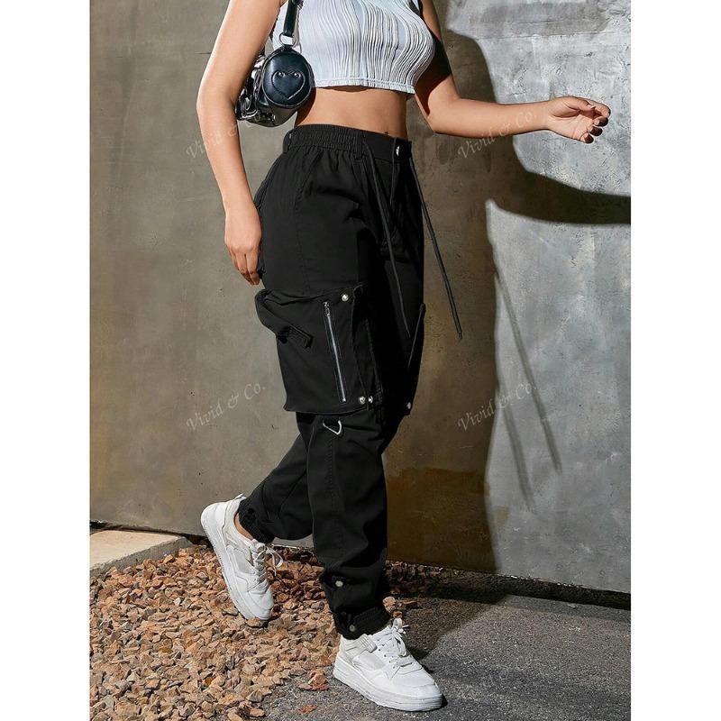 Pantalones Cargo de Cintura Alta para Mujer Bolsillos Múltiples Cremallera Casual Streetwear Joggers