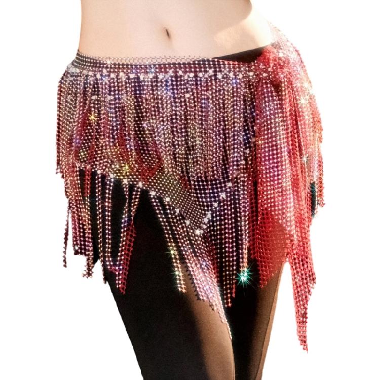 Belly Dance Hip Scarf Long Tassels Belly Dance Waist Chain with Rhinestones Decoration Belly Dance Belt Wrap Skirt