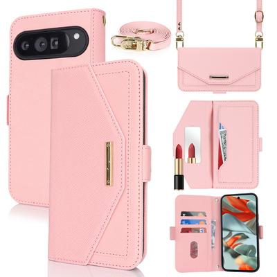 Portefeuille Porté Épaule avec Emplacements Cartes Étui en Cuir Pour Google Pixel 9 Pro XL 8 8A 6A 7 7A Long Cordon Flip Book Miroir de Maquillage Housse Sac