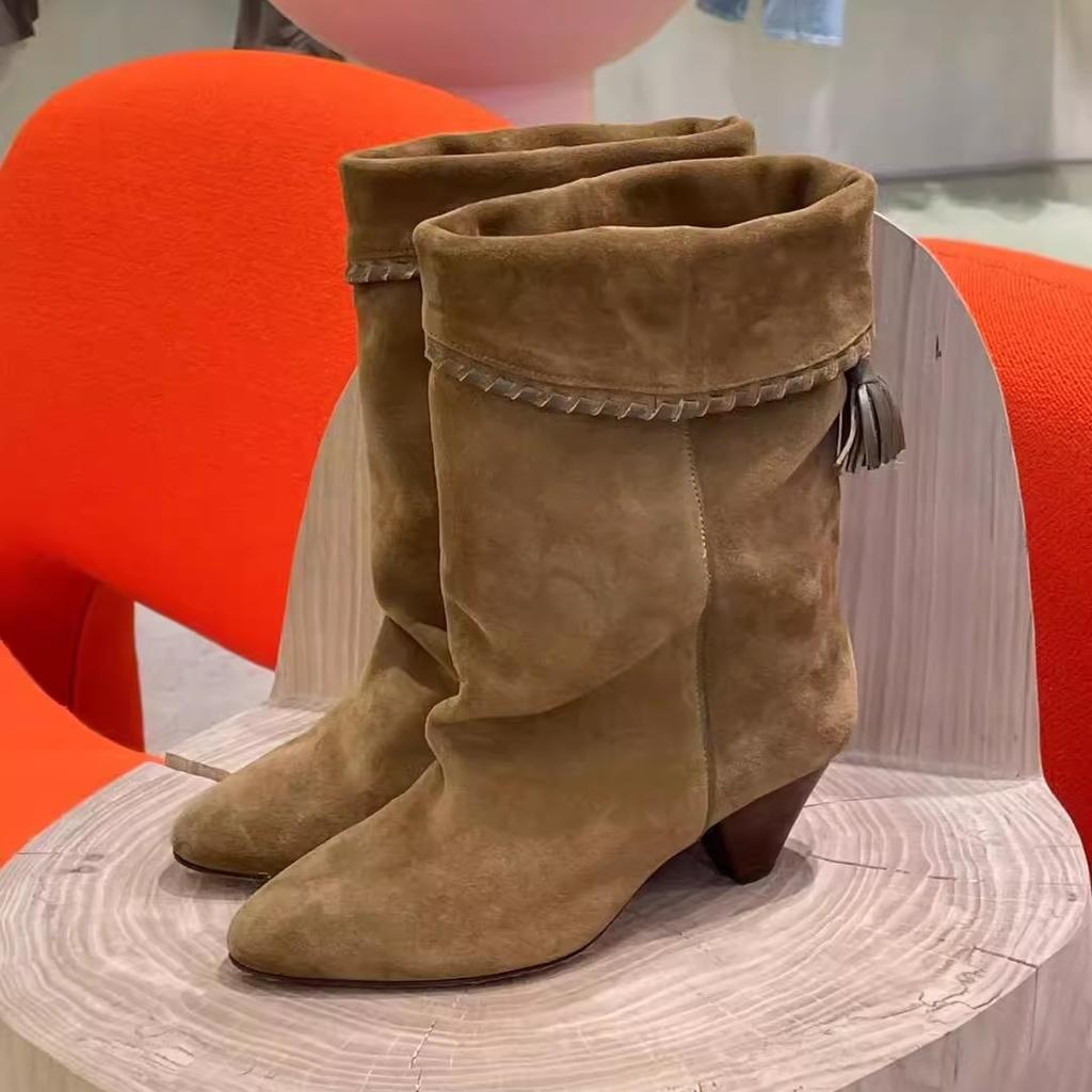 Sheepskin Version Retro Suede Folded Two Wear Pointed Western Cowboy Boots Women's Thick Heel Medium Tube Knight Boots Martin Boots