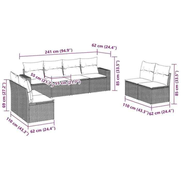 VidaXL Garden Lounge Set with Cushions 8 Pcs, Sofas with Adjustable Feet, Outdoor Furniture Set Patio Terrace, 3218843