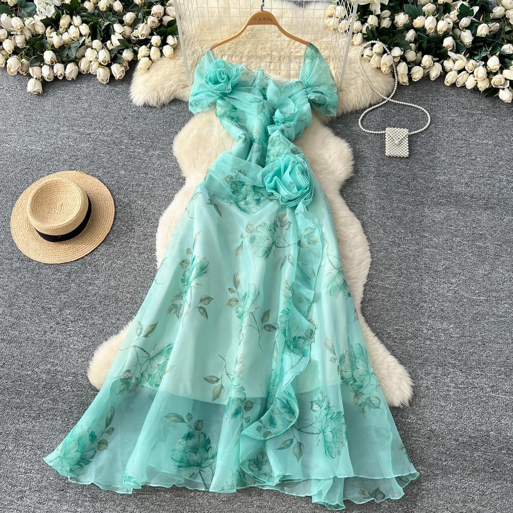 French temperament advanced sense three-dimensional flower waist ruffle edge mesh dress femininity elegant dress long dress