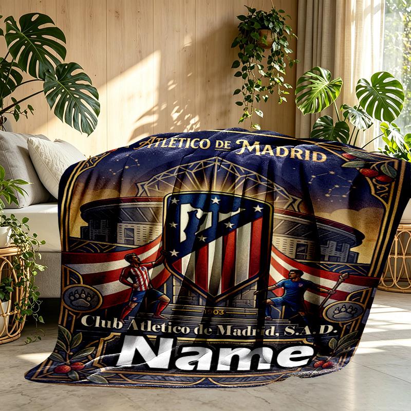 Custom Name Personalized Atletico Madrid Print Blanket, Home Decor, Bedroom, Sofa, Camping, Couch, Gifts for Birthday Christmas