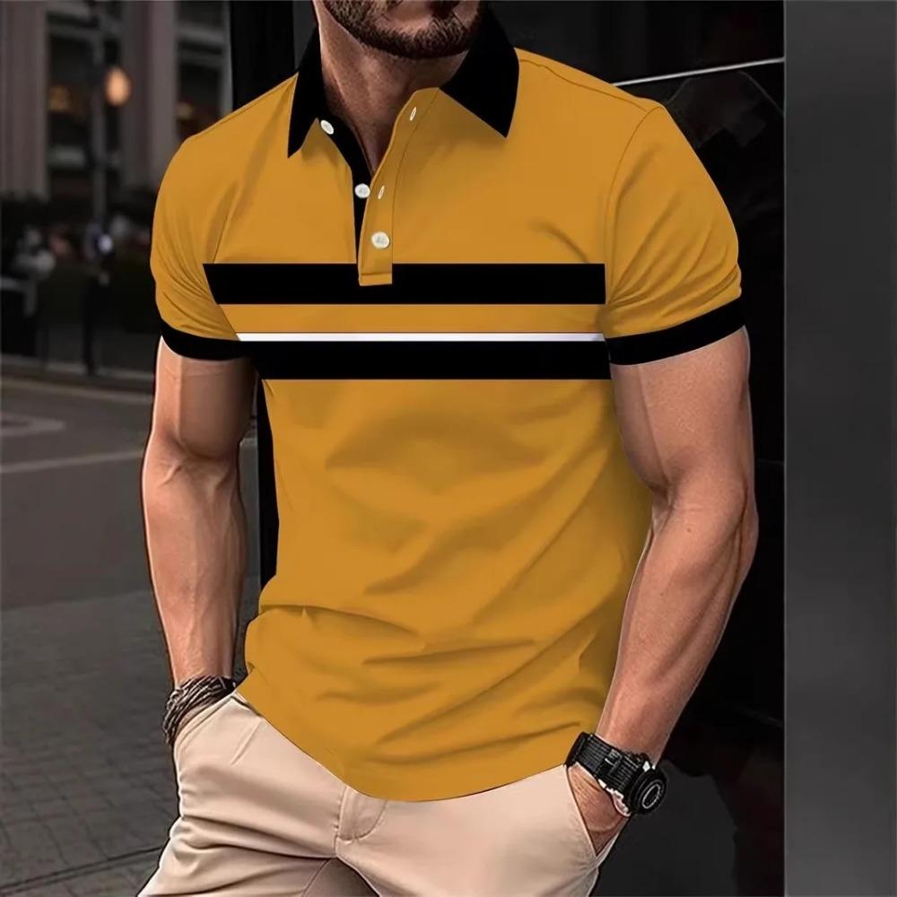 Men's summer short sleeved lapel T-shirt new fashion striped top lapel T-shirt