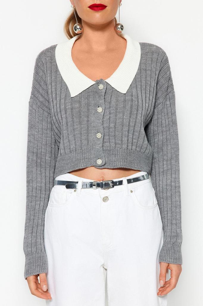 Women's Elegance Style Cardigan Green Super Crop Shirt Collar Knitwear Cardigan