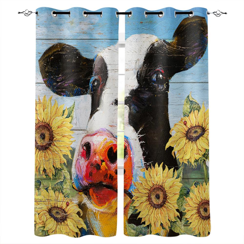 Animal Cow Color Oil Painting Window Curtains Bedroom Kitchen Drapes Panel Curtains for Living Room Christmas Home Decor