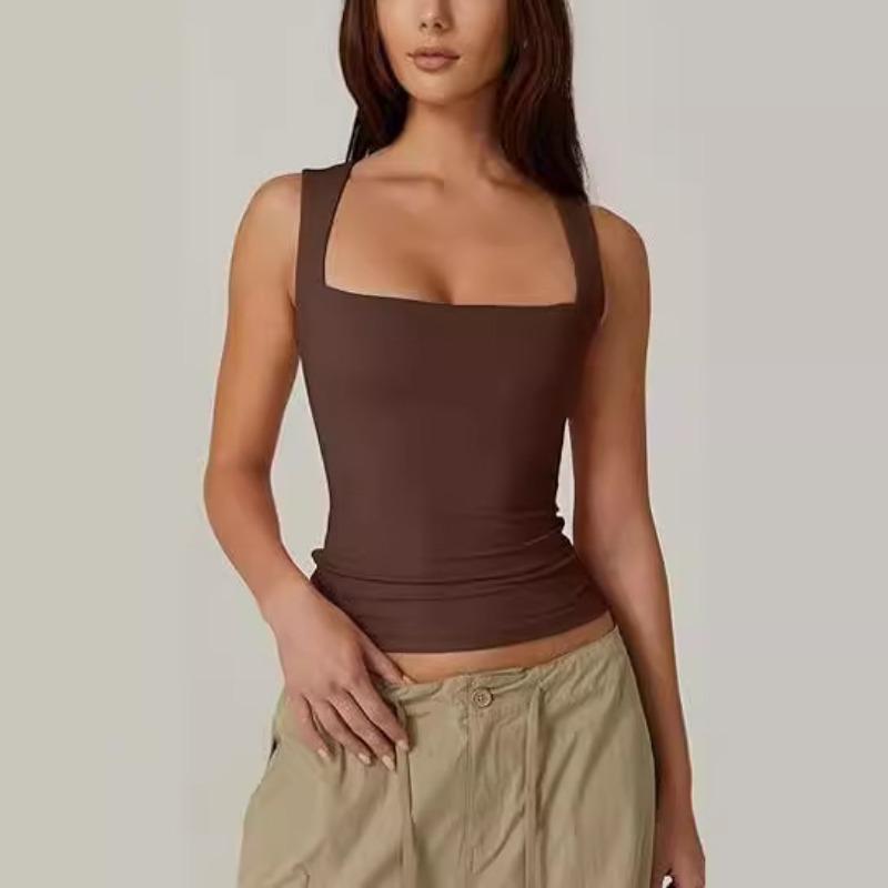 Summer Women's Square Neck Sleeveless Double Tank Top Basic Skinny T-Shirt