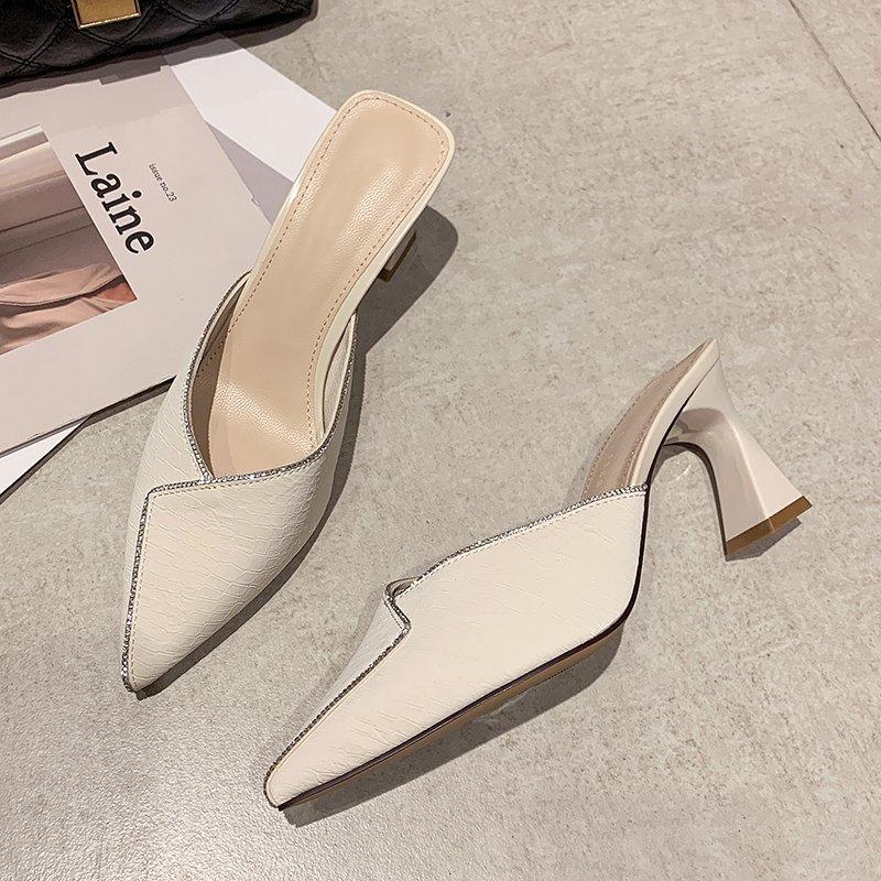 Baotou Half Slippers Women s Outdoor Wear 2026 Summer New Style Fairy Feng Shui Diamond Pointed Thick Heels Cool Slippers 34 бежевый