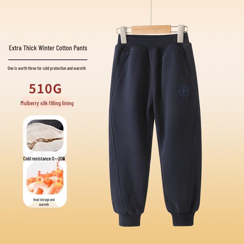 2024 Boys' Fleece-Lined Thick Cotton Winter Pants for Middle and Big Kids - Sports Style