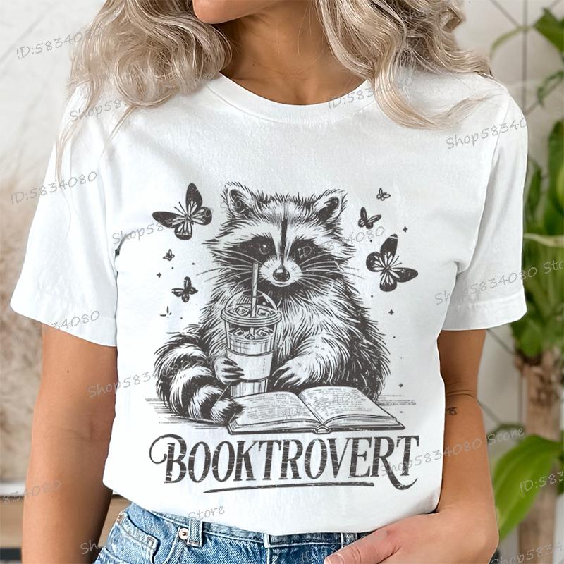 Funny Reading Raccoon Graphic T Shirts Women Booktrovert Essential Classic Tops Casual Book Lover Gift Tee Retro Bookish Clothes S