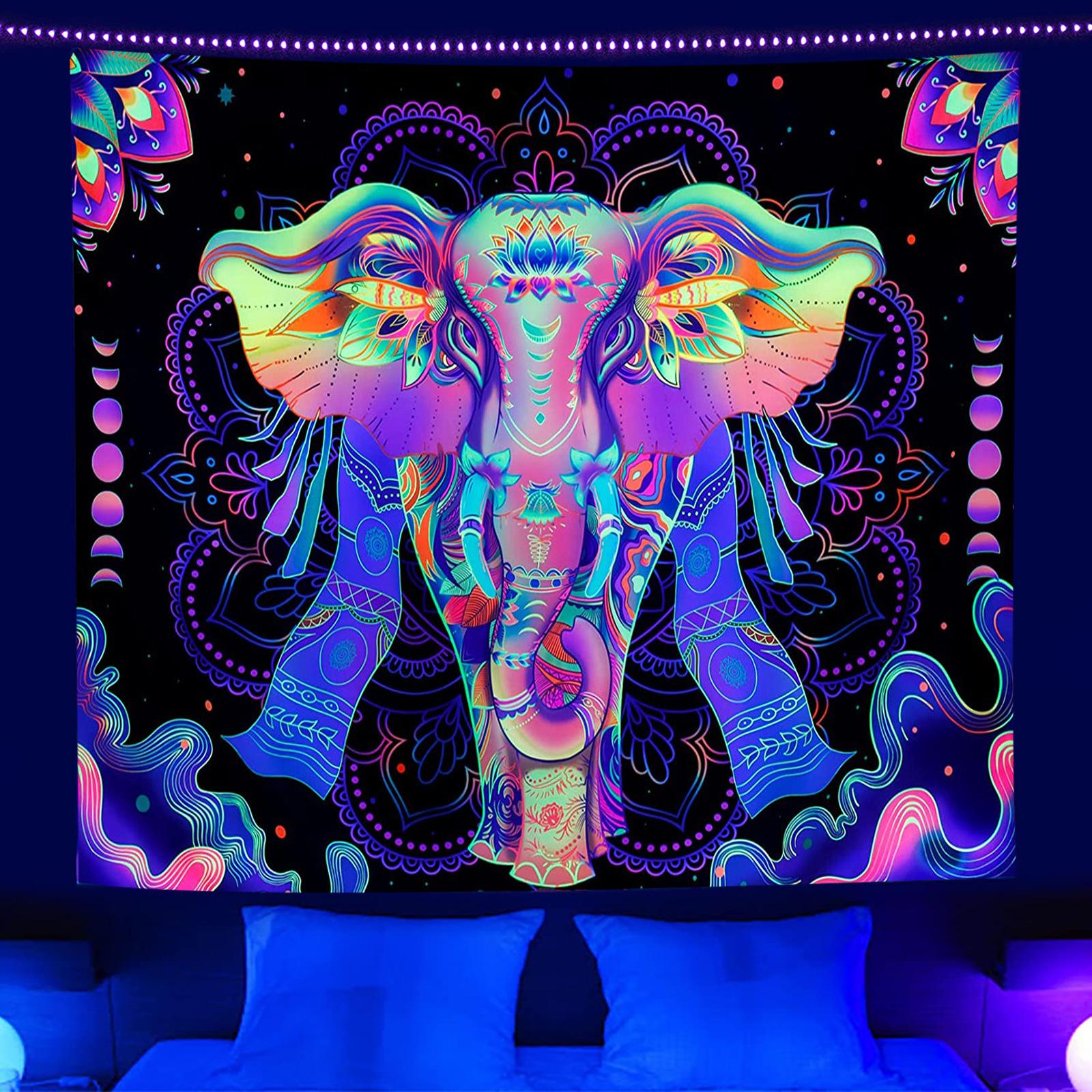 Wall Hanging Aesthetic Tapestry Uv reactive Fluorescent Elephant Fluorescent Background Wall Cloth For Living Room 95x73cm