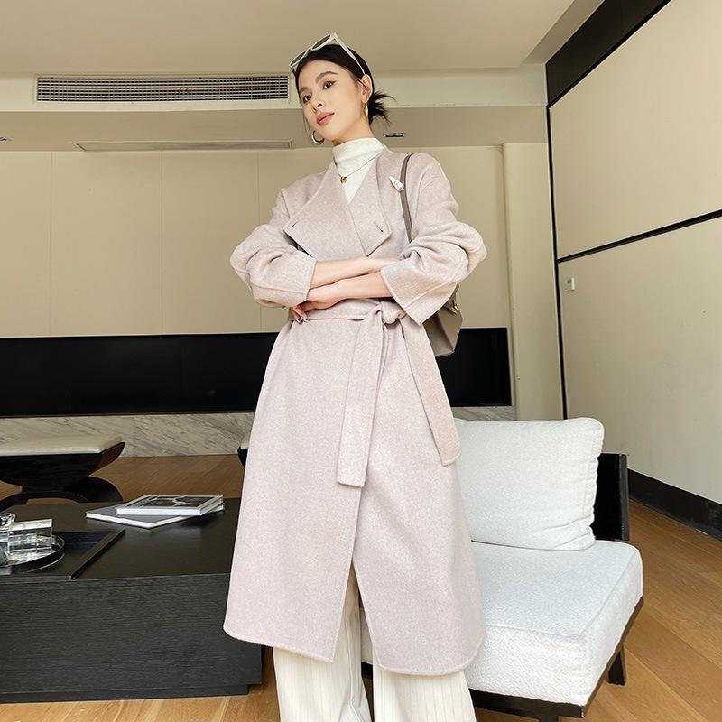 

Женское двустороннее шерстяное пальто ручной работы, длинное, новое, осенне-зимнее, с поясом L