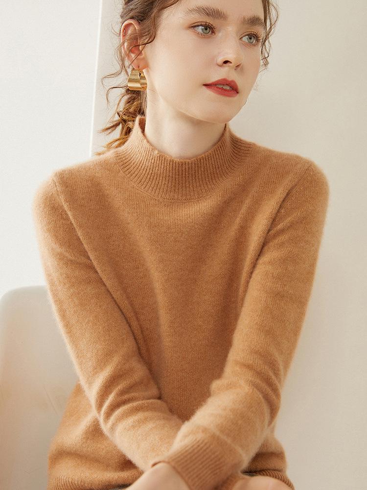 Gray Women's Cashmere Semi-High Neck Sweater - Thickened Wool Knit for Autumn and Winter