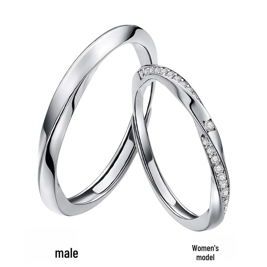 Sterling Silver Mobius Strip Couple's Rings: Luxurious Niche Design with Inlaid Diamonds, Adjustable Pure Silver.