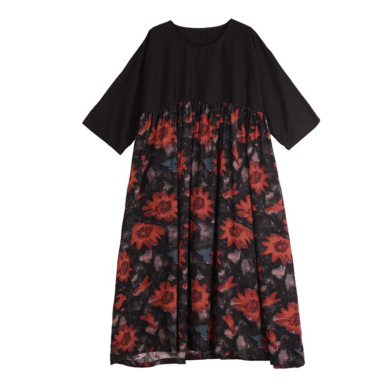 DIMANAF Women 2025 Plus Size Summer Vintage Style Dress Elegant Spliced Long Dress Basic Loose Linen Dress