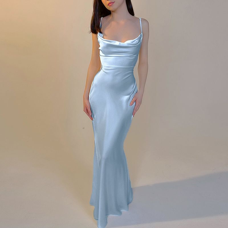 

Summer Rope Backless Slim Fit Satin Sling Dress Light blue S
