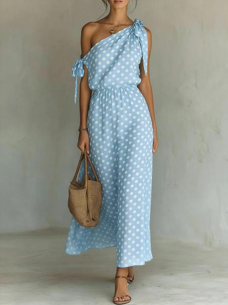 2026 European & American Style Women's Off-the-Shoulder Sleeveless Polka Dot Casual Dress