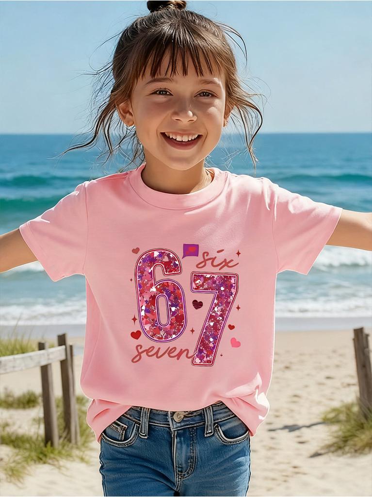 Children's Glitter Heart 67-Digit Printed Short-Sleeved Shirt, Fashionable, Casual And Comfortable, Versatile T-Shirt