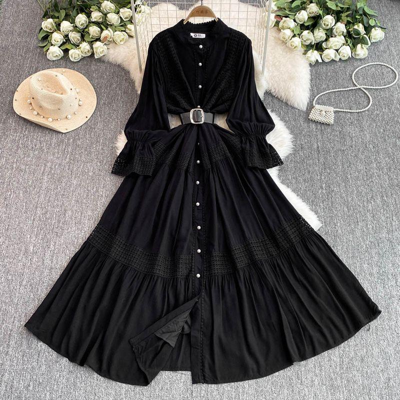 

French Court Elegant Retro Dress Women s Stand-up Collar Flared Sleeves Waist Single-Breasted Lace Stitching Big Swing Dress Black One size