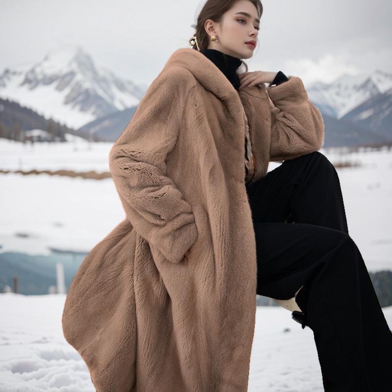 2 autumn and winter new medium and long imitation mink fur coat thickened with hat fur coat women's fashion