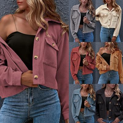 Women's Fashion Casual Corduroy Button Prokets Solid Long Sleeve Shirt Coat