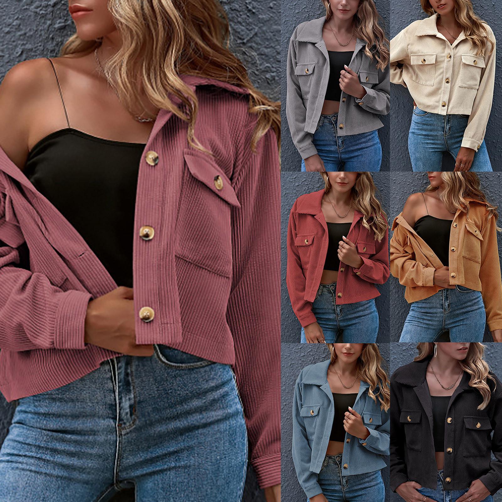 

Women s Fashion Casual Corduroy Button Prokets Solid Long Sleeve Shirt Coat S фіолетовий