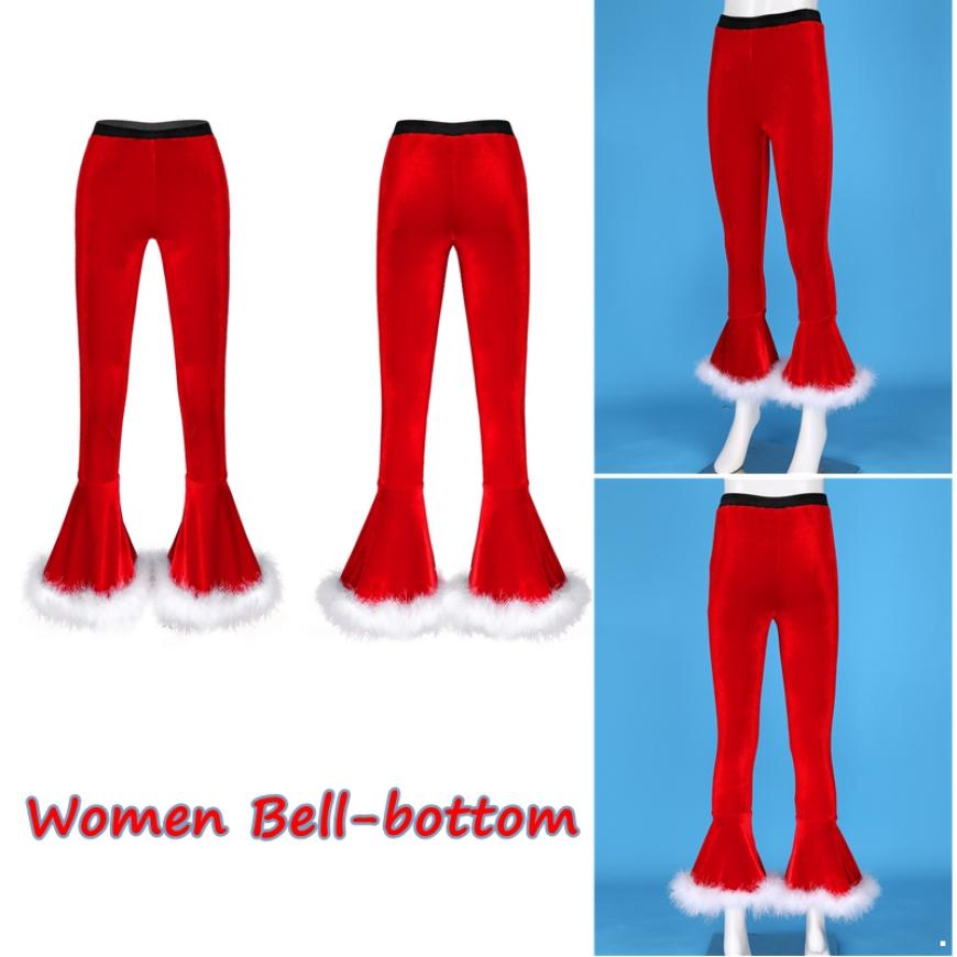 Women's Velvet Christmas Cosplay Faux Fur Adorned Elastic Waist Flare Leg Long Pants Trousers