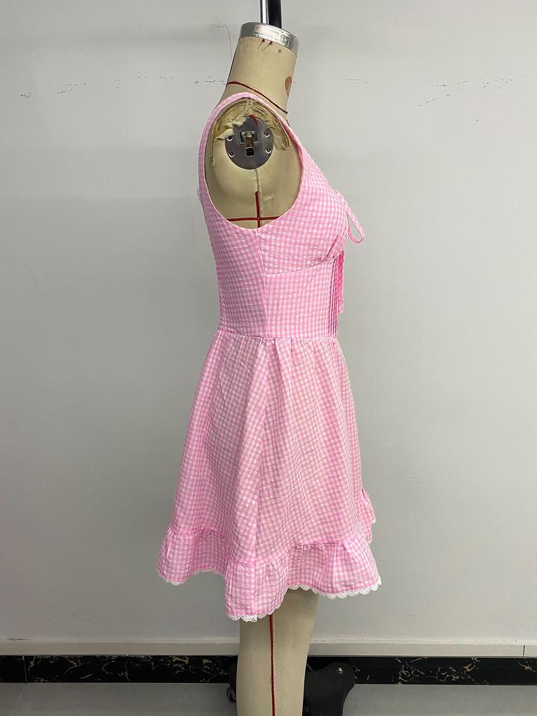 2026 Summer Pink Plaid Skirt with Lace Tie-up Sleeveless Dress