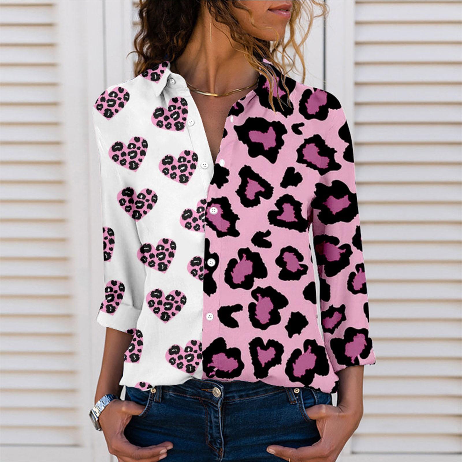 

Ladies Casual Vintage Print Shirts Fall Long Sleeve Single Breasted Lapel Top L розовый