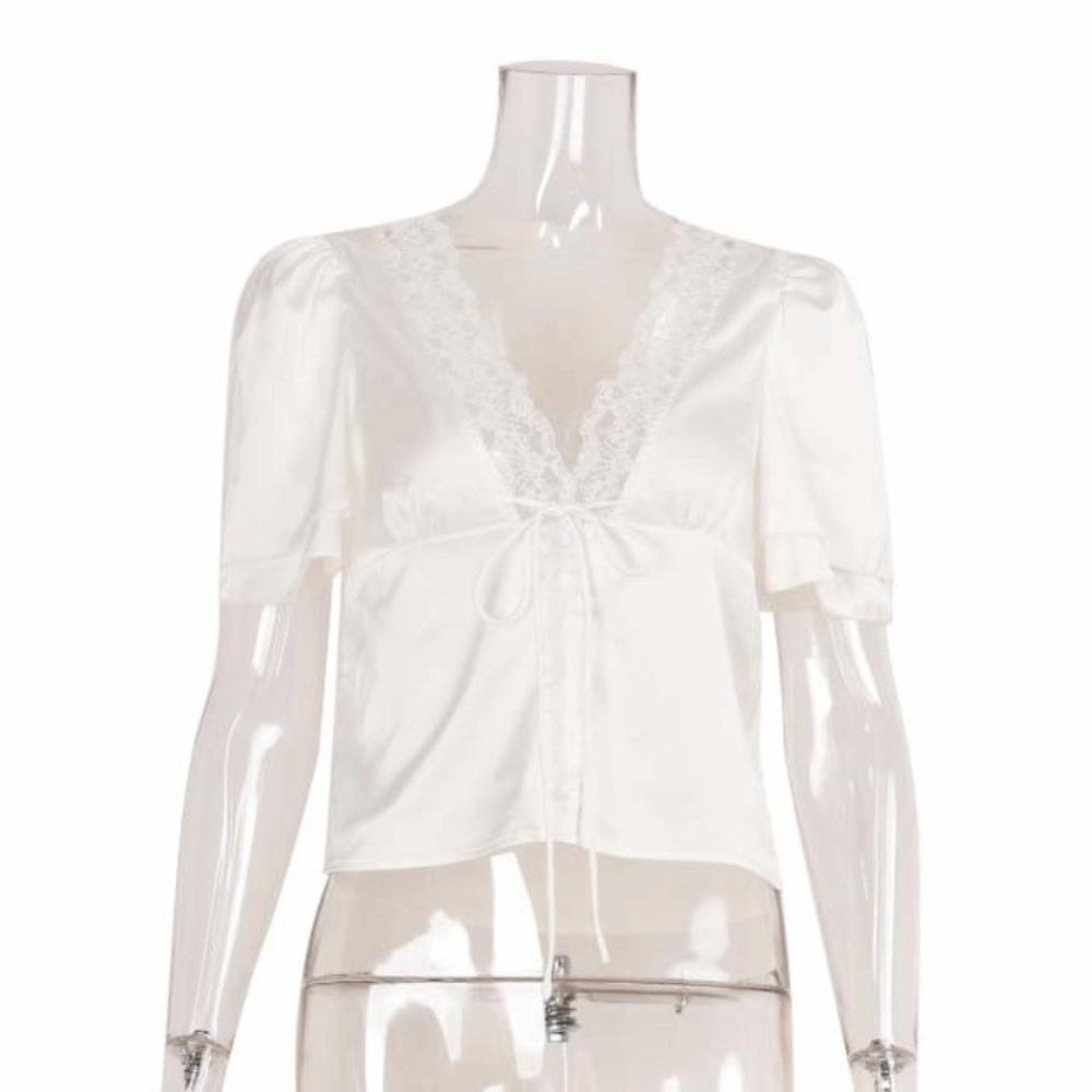 

Breathable V Neck Sheath Tees Solid Color Shirt Blouse Casual Lace Patchwork Tops Daily Wear M белый