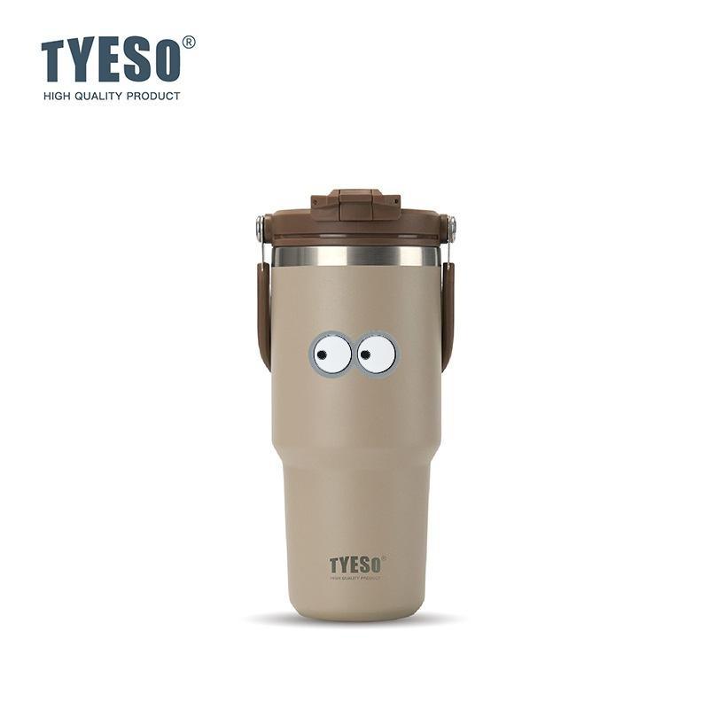 Tyeso 750ml Vacuum Cup Handle Dual-Drink Coffee Mug 304 Stainless Steel Ice Cup Car Bottle Hot Cold Retention Thermoses with Eye Sticker