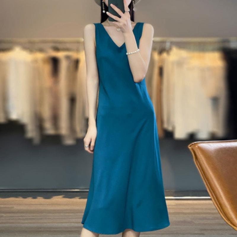 

Платье на подтяжках для женщин, французский темперамент, три-ацетатный шелк, А-силуэт, длинная юбка, без рукавов, атласная юбка-фея, летняя открытая спина 3XL