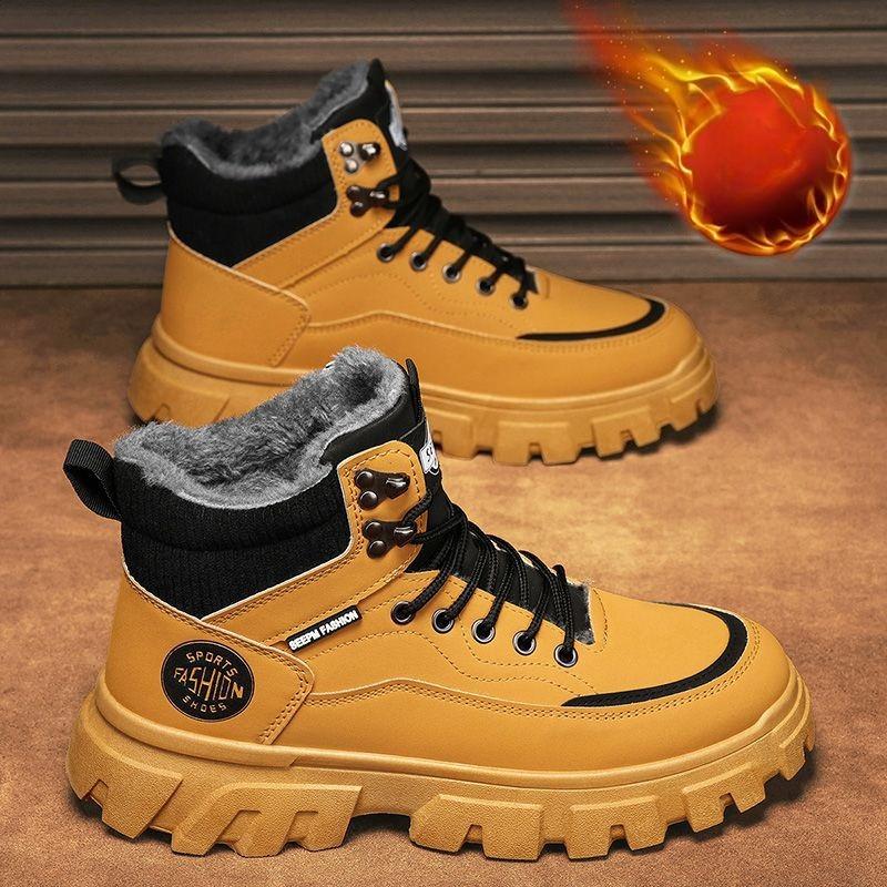 

Зимние мужские высокие термоботинки для работы в британском стиле, с плюшевой подкладкой, водонепроницаемые кожаные повседневные ботинки, нескользящая уличная теплая обувь 39