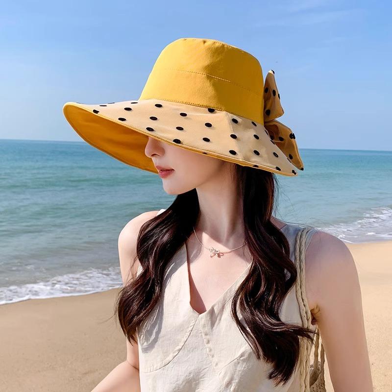 Women's Spring and Summer Elegant and Versatile Large Brimmed Sun Hat Korean Version Polka Dot Bow Fisherman Hat Foldable Outing Basin Hat