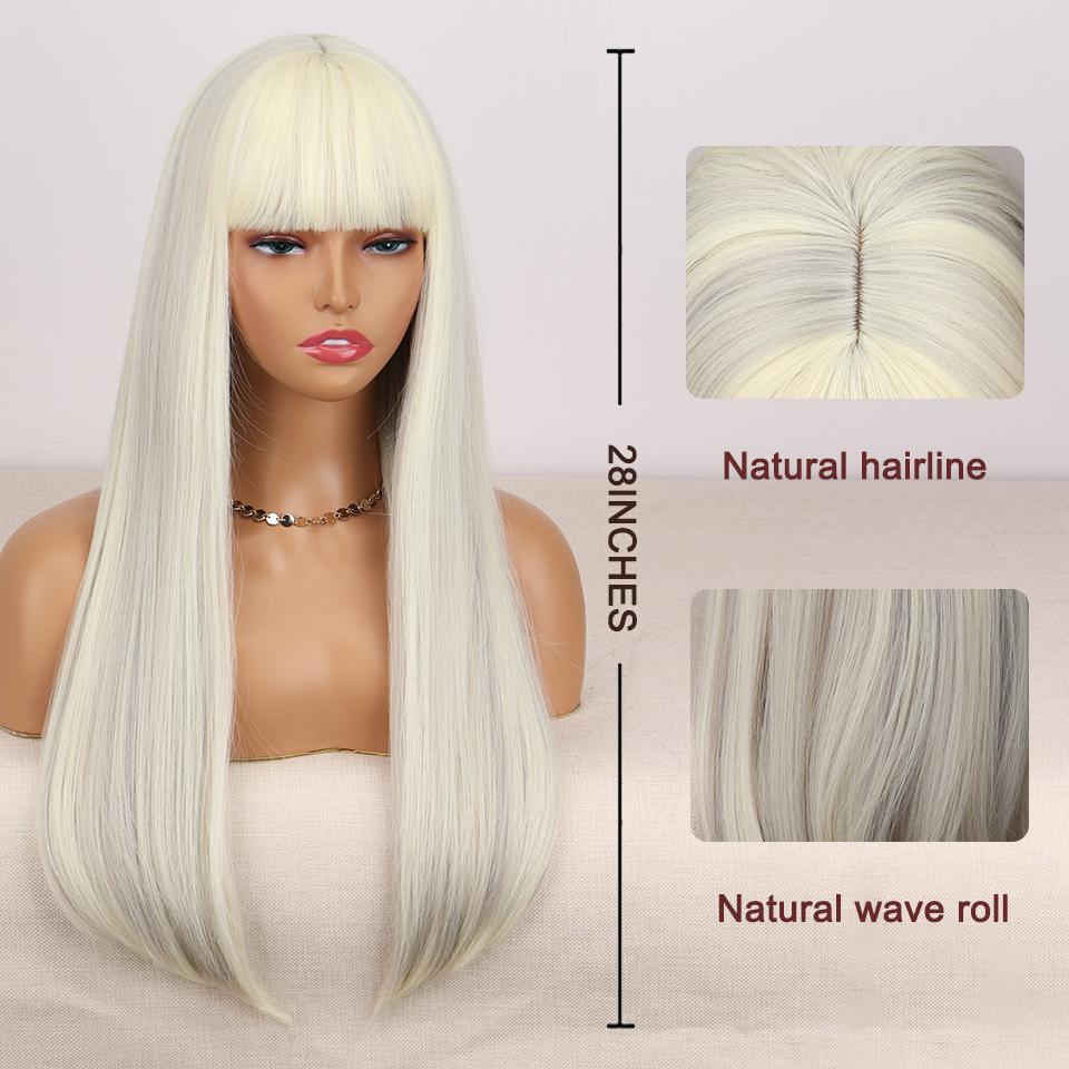 XINRAN Synthetic Long White Wigs with Bangs Cosplay Straight Wigs with Brown Highlight Natural Fake Hair for Women