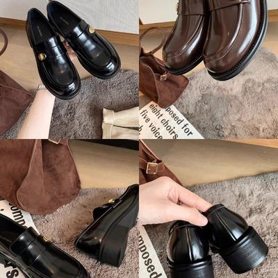 Cowhide Version~ Genuine Leather Versatile Round Head Small Gold Buckle One Pedal Thick Heel Loafu Small Leather Shoes Women's Autumn