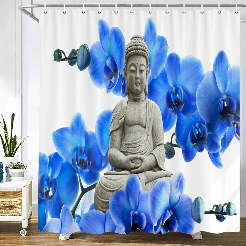 Bathroom Shower Curtains Buddha Statue Bamboo Bath Screens Home Decor Waterproof Polyester Fabric With Hooks 240X180Xm