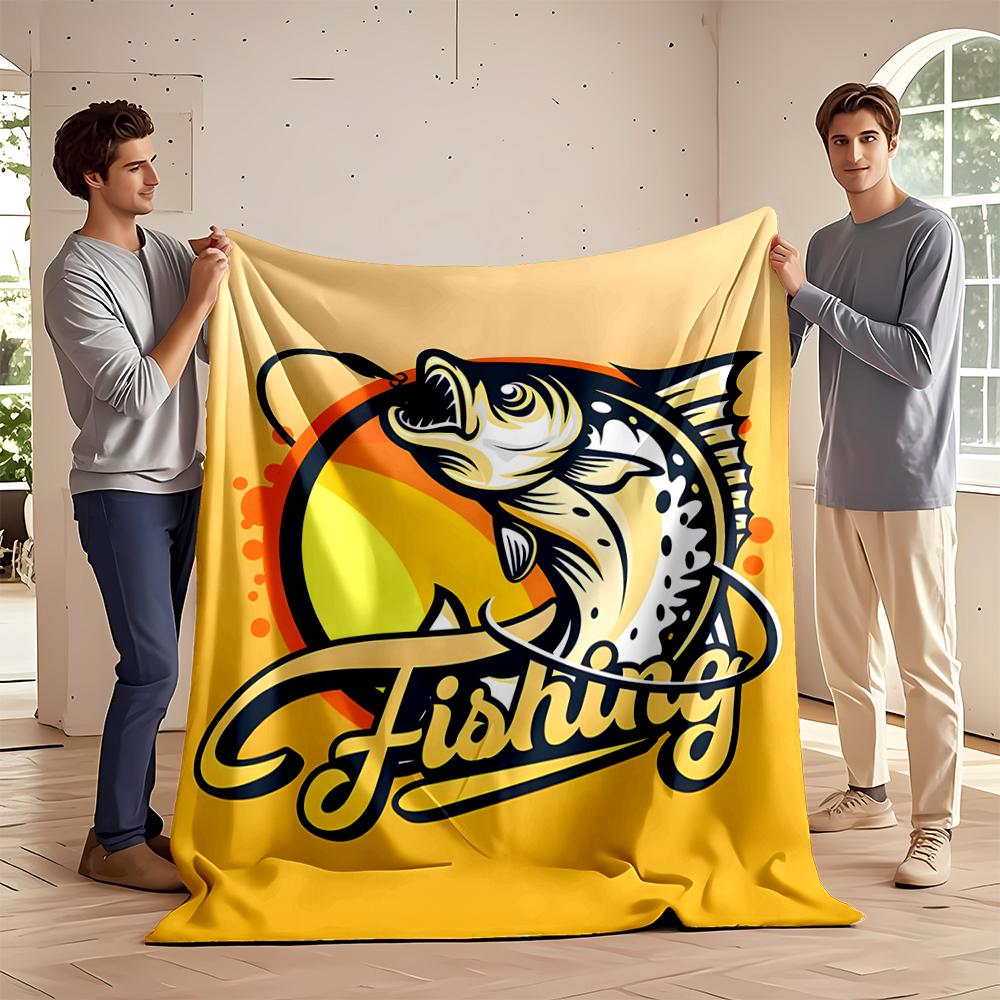Fishing Graphic with Hook and Sunset Design Flannel Blanket for Bedroom, Living Room, Sofa, and Nap Sofas