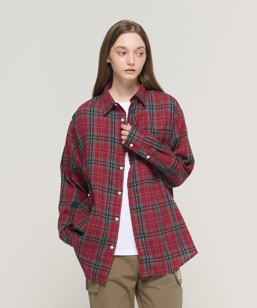 Cargo Bros For Woman Tone-Down Check Oversized Cotton Shirt (Red)