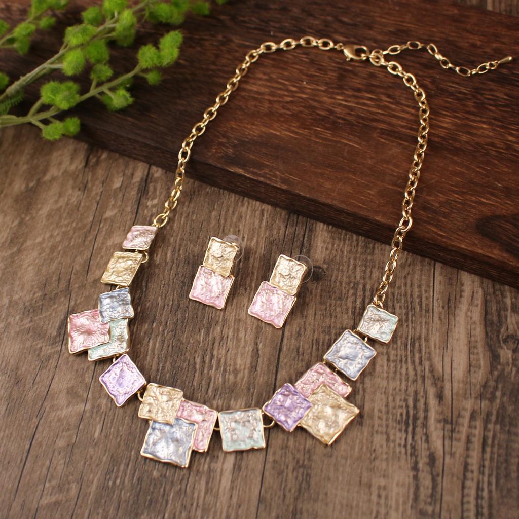 Colored Oil Geometric Square Earring Necklace Set