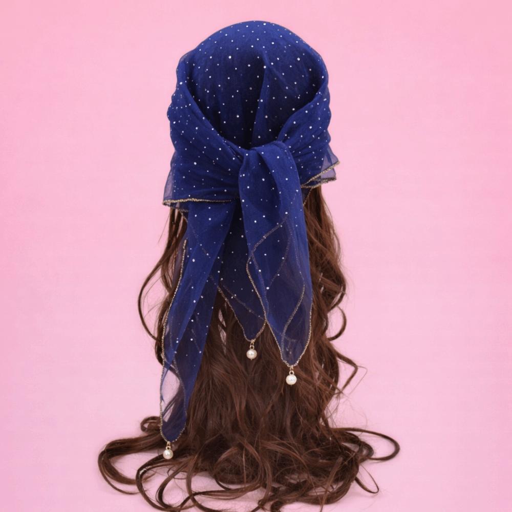 Pearl Tassel Rhinestone Square Scarf Hair Wrap Solid Color Full Sky Star Headwrap Lace Trim Breathable Fabric