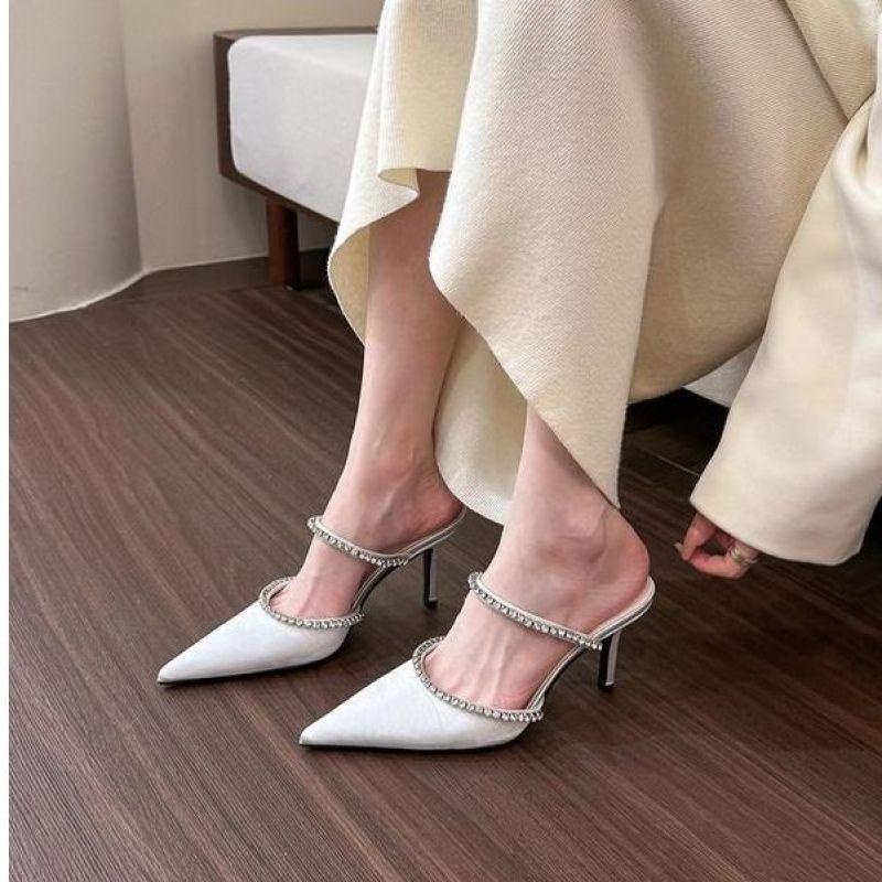 2025 new rhinestone one-word shallow high heels fashion versatile spring and summer pointed thin heel medium heel half slippers women