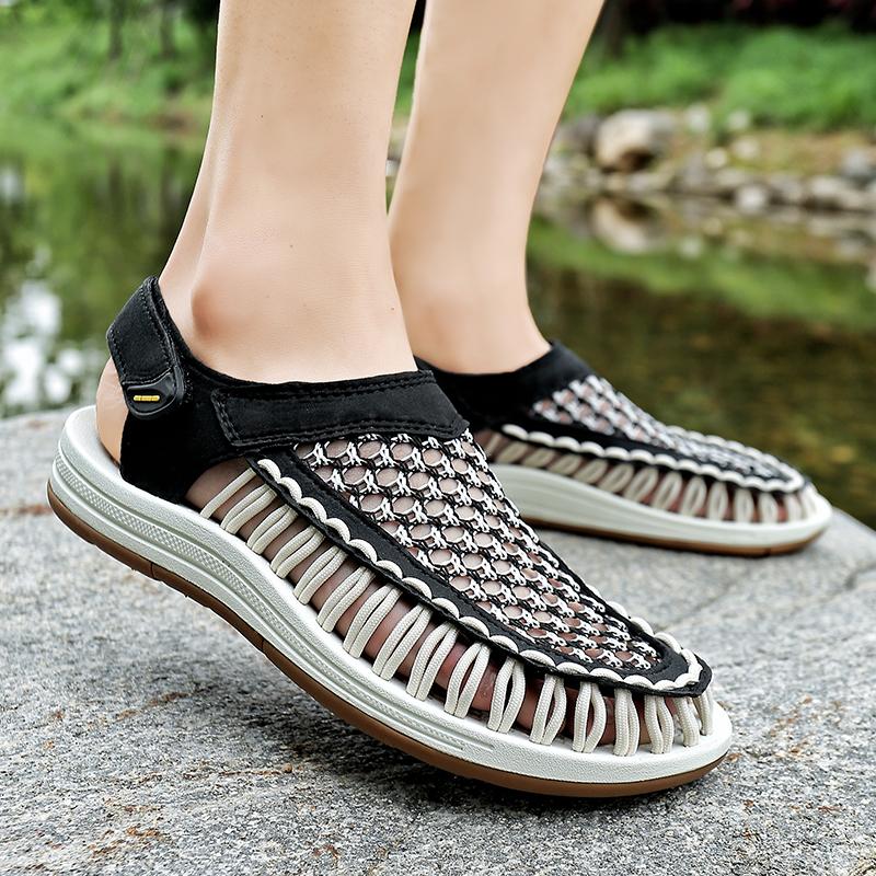Men Outdoor Hiking Sandals Handmade Summer Black Roman Sandals Wide Beach Water Shoes Plus Size