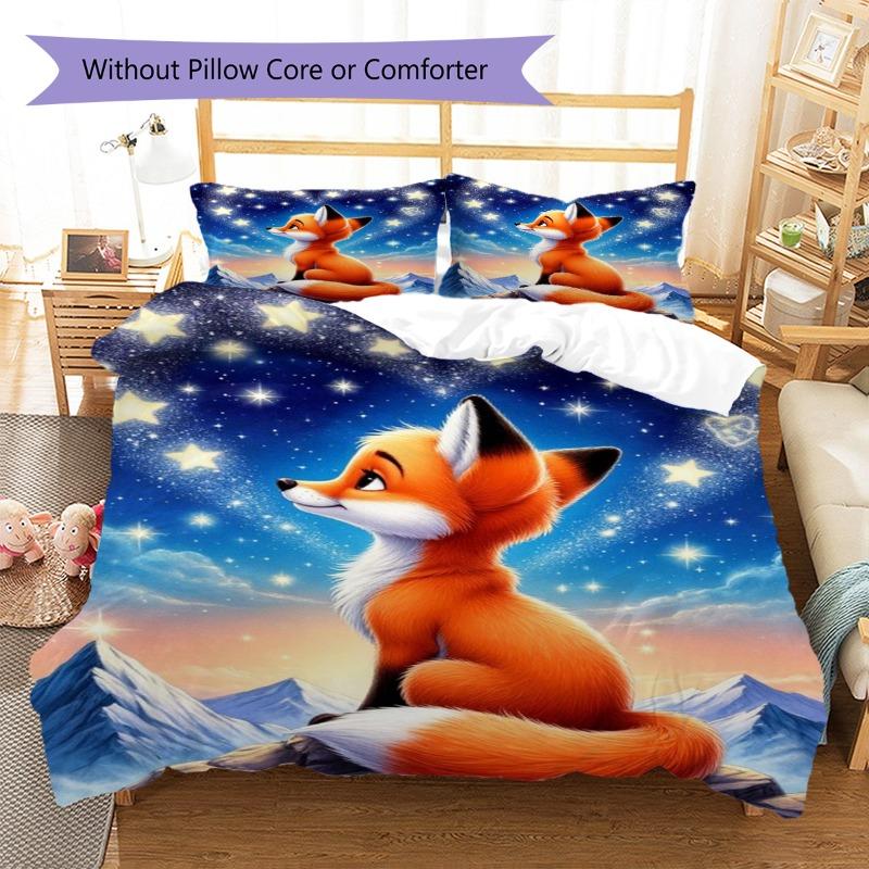 Cute Red Fox Starry Sky Mountain Print 3 Pieces Duvet Cover Set Wildlife Animal Bedding Bedroom Home Decor Without Pillow Core Comforter