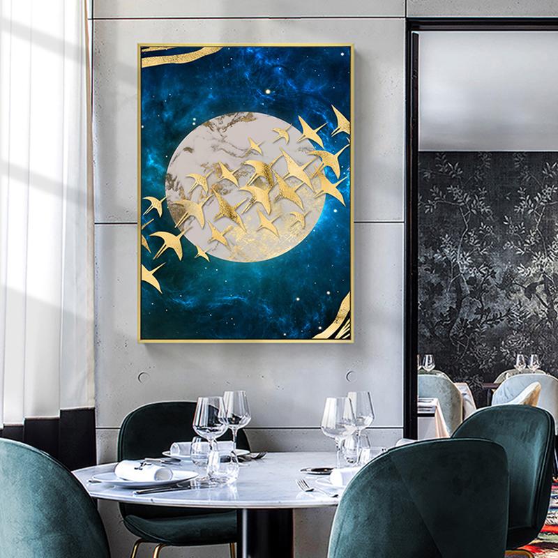 Céu noturno, lua dourada e pássaro, abstrato europeu, pôster de tela de alta qualidade, impressão de arte de parede, pintura, imagem de paisagem, decoração para casa