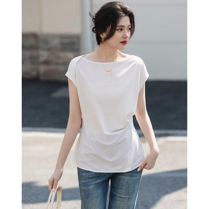 Demanar Damen Atmungsaktives Lyocell Plissee Bootausschnitt T-Shirt