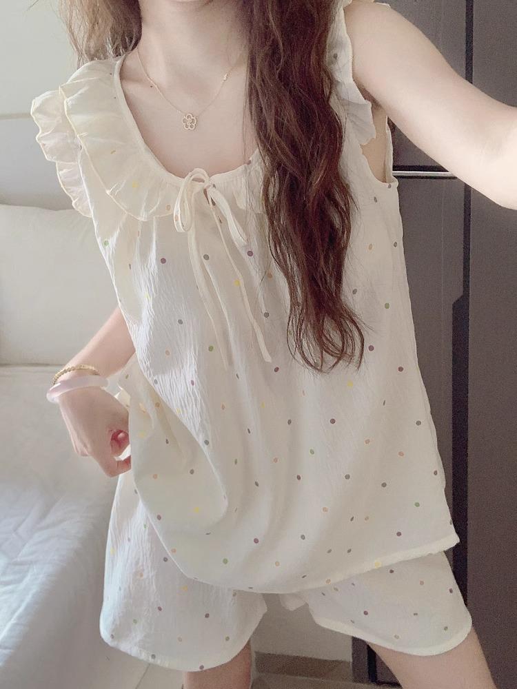 

Sweet polka dot printed vest shorts pajamas women s suit summer new loungewear with chest pads two-piece set M
